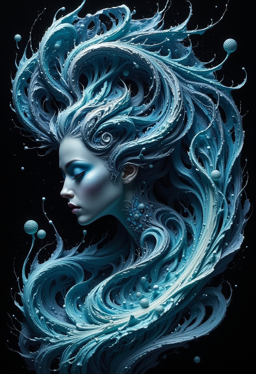 masterpiece, high detail, ArsMJStyle, dnddarkestfantasy, masterpiece, stunning oriental water spirit woman, made of ripples of water, abstract, fractal art. highest definition, HD32K, wallpaper, hyperdetailed, concept art