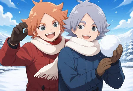 masterpiece,best quality,amazing quality, source_anime,
2boys, brothers, snowball fight, happy, laugh,
winter clothes, gloves,
FubukiAtsuya, 1boy, male focus, grey eyes, orange hair, red coat, white scarf, BREAK
fubukishirou, 1boy, male focus, grey hair, parted bangs, grey eyes, blue coat, red scarf, BREAK
outdoor, sky, day, clouds, snow,