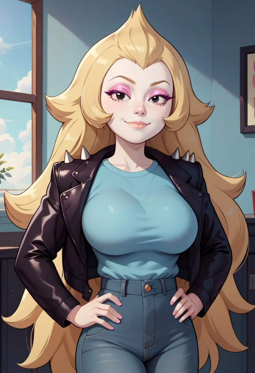 ((bedroom background)),score_9, score_8_up, score_7_up,score_6_up,
1girl, Solo, Vidalia_SU, pale white skin, black eyes, blonde hair, long wavy hair, pink eyeshadow, black leather jacket with spikes on the shoulders, light blue t-shirt, blue-grey skinny jeans, high white boots, big eyes, tall stature, social smile, sexy face, close-up, cowboyshot, perfect eyes, perfect smile, looking at the viewer, big breasts, detailed eyes, perfect eyes, cute, standing, head on, hands on hips, front pose
