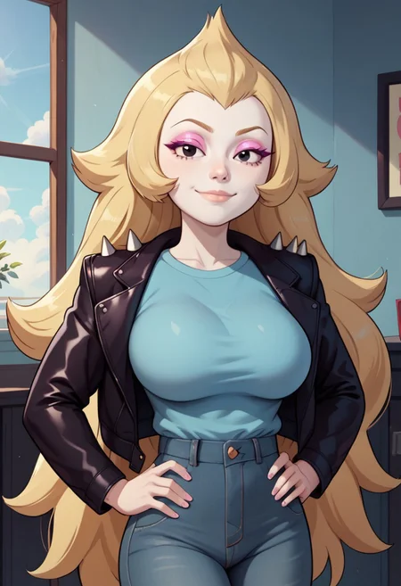 ((bedroom background)),score_9, score_8_up, score_7_up,score_6_up,
1girl, Solo, Vidalia_SU, pale white skin, black eyes, blonde hair, long wavy hair, pink eyeshadow, black leather jacket with spikes on the shoulders, light blue t-shirt, blue-grey skinny jeans, high white boots, big eyes, tall stature, social smile, sexy face, close-up, cowboyshot, perfect eyes, perfect smile, looking at the viewer, big breasts, detailed eyes, perfect eyes, cute, standing, head on, hands on hips, front pose