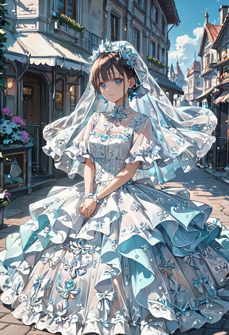 1girl, wedding dress, clothing with intricate frills and embroidery, bridal veil, luxurious clothing, 
village, 
detailed background, incredibly absurdres, colorful, 
HD, hyper detailed, ultra detailed, score_9, score_8_up, score_7_up, source_anime, perfect anatomy, masterpiece, best quality, very aesthetic, <lora:WD-XLPony_v002:0.8>, see-through, layered, v arms, light blue, hair with ribbon, score_9, score_8_up, score_7_up , source_anime, masterpiece, best quality, perfect anatomy , very aesthetic , absurdres
