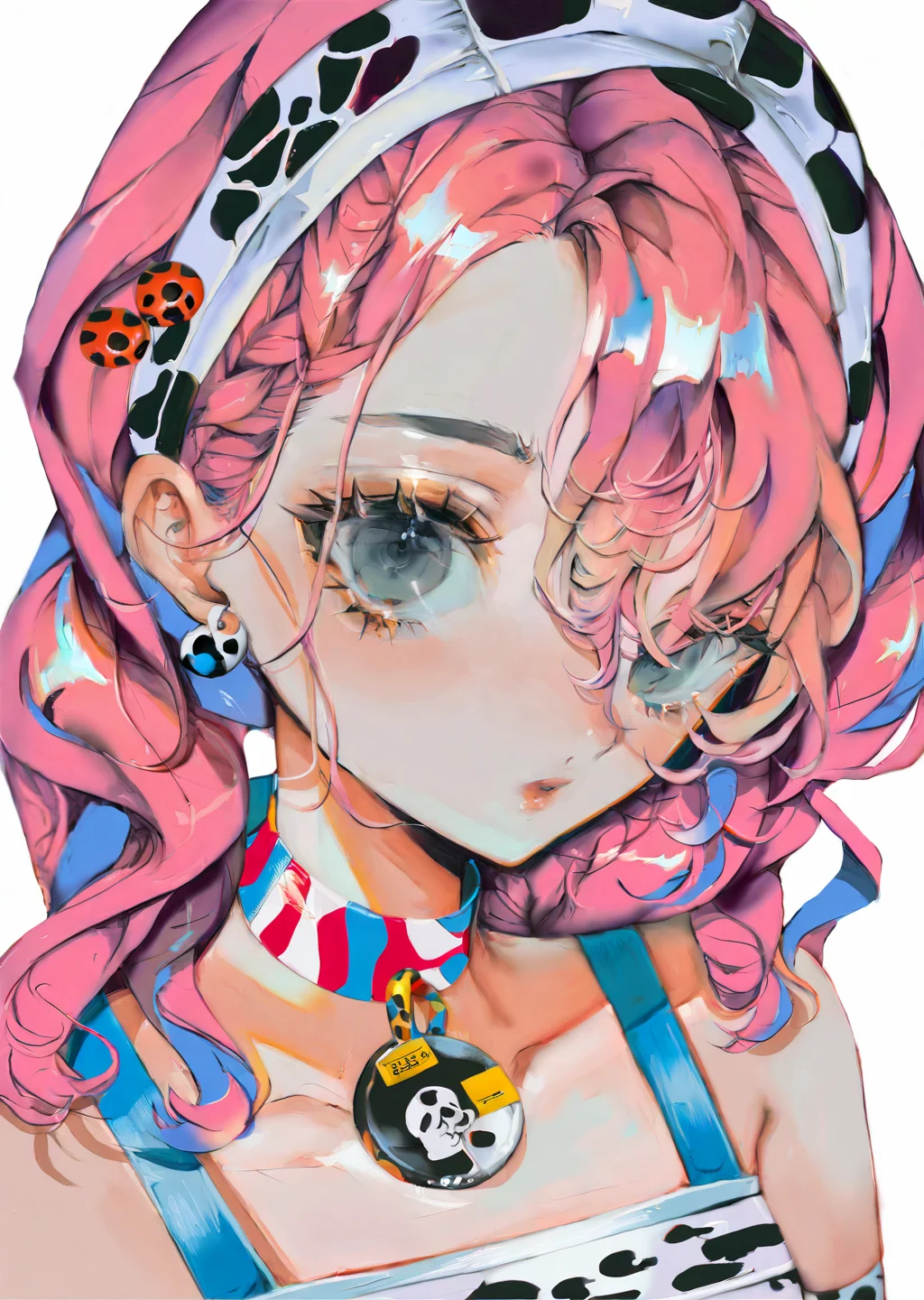by yogisya,
blue poison \(arknights\), blue poison \(shoal beat\) \(arknights\), 1girl, solo, blue eyes, pink hair, choker, portrait, white background, pink choker, hairband, earrings, jewelry, looking at viewer, simple background, long hair, official alternate costume, hair over one eye, braid, bangs, o-ring choker
best quality, masterpiece,