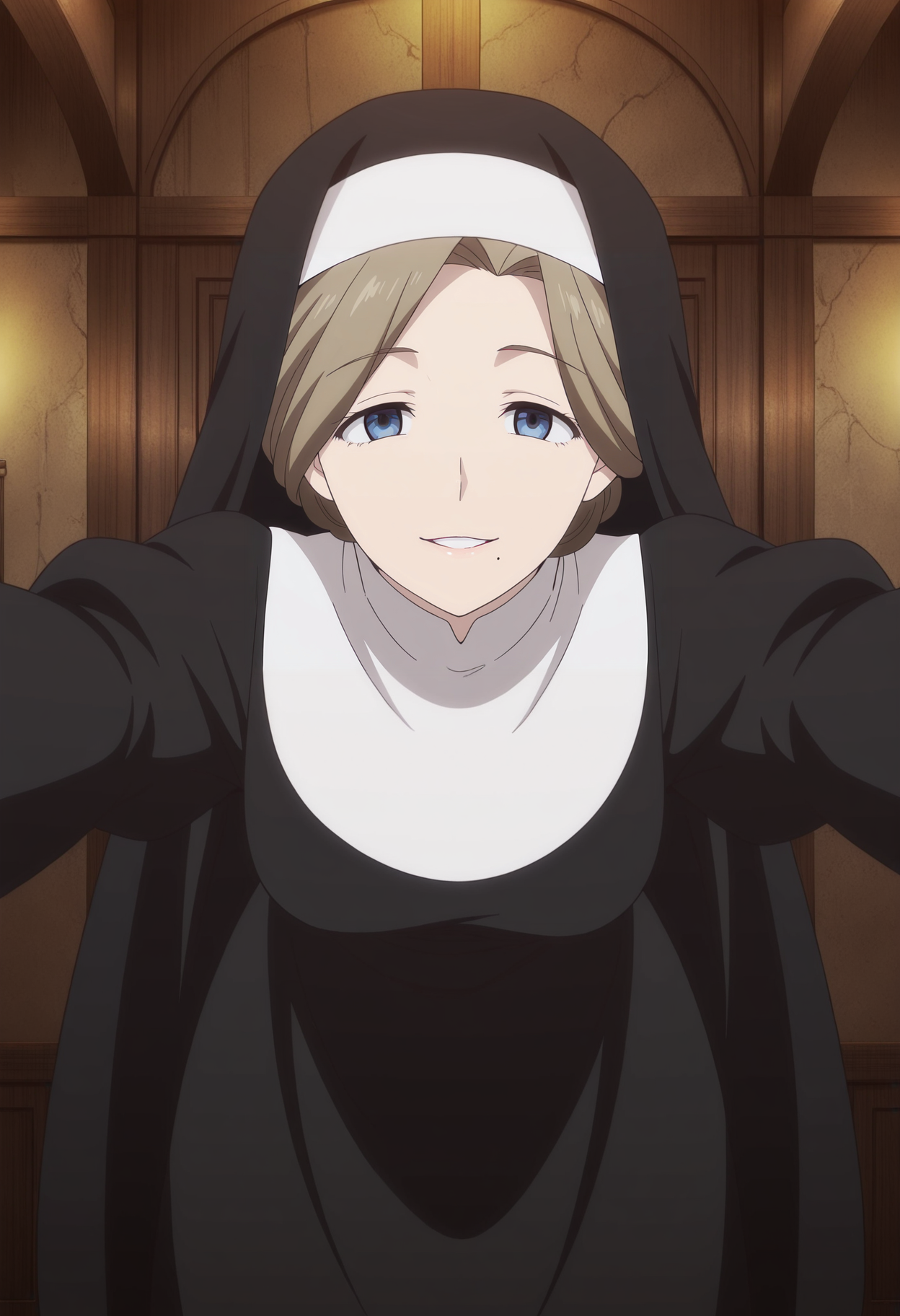 1girl,solo,mm,mature female,brown hair,mole under mouth,blue eyes,anime coloring,
nun,habit,leaning forward, outstretched arms, smile,looking at viewer, parted lips, indoors,motherly
,masterpiece,best quality,amazing quality,<lora:Sister-Kinsou_no_Vermeil:0.8>