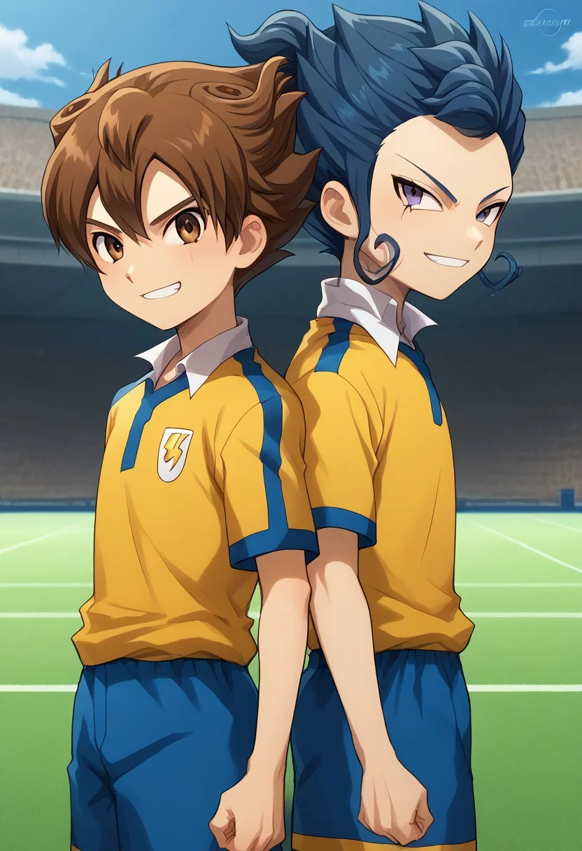 score_9, score_8_up, score_7_up, source_anime, highly detailed, 2boys,
tsurugi, 1boy, male focus, blue hair, brown eyes, sportwear, raimon, raimon soccer uniform, shirt, yellow shirt, short sleeves, shorts, blue shorts, grin BREAK
tenma, 1boy, male focus, brown hair, grey eyes, sportwear, soccer uniform, raimon soccer uniform, raimon, shirt, yellow shirt, short sleeves, shorts, blue shorts, smile, clenched fist, BREAK
outdoor, upper body, back-to-back, looking at viewer,