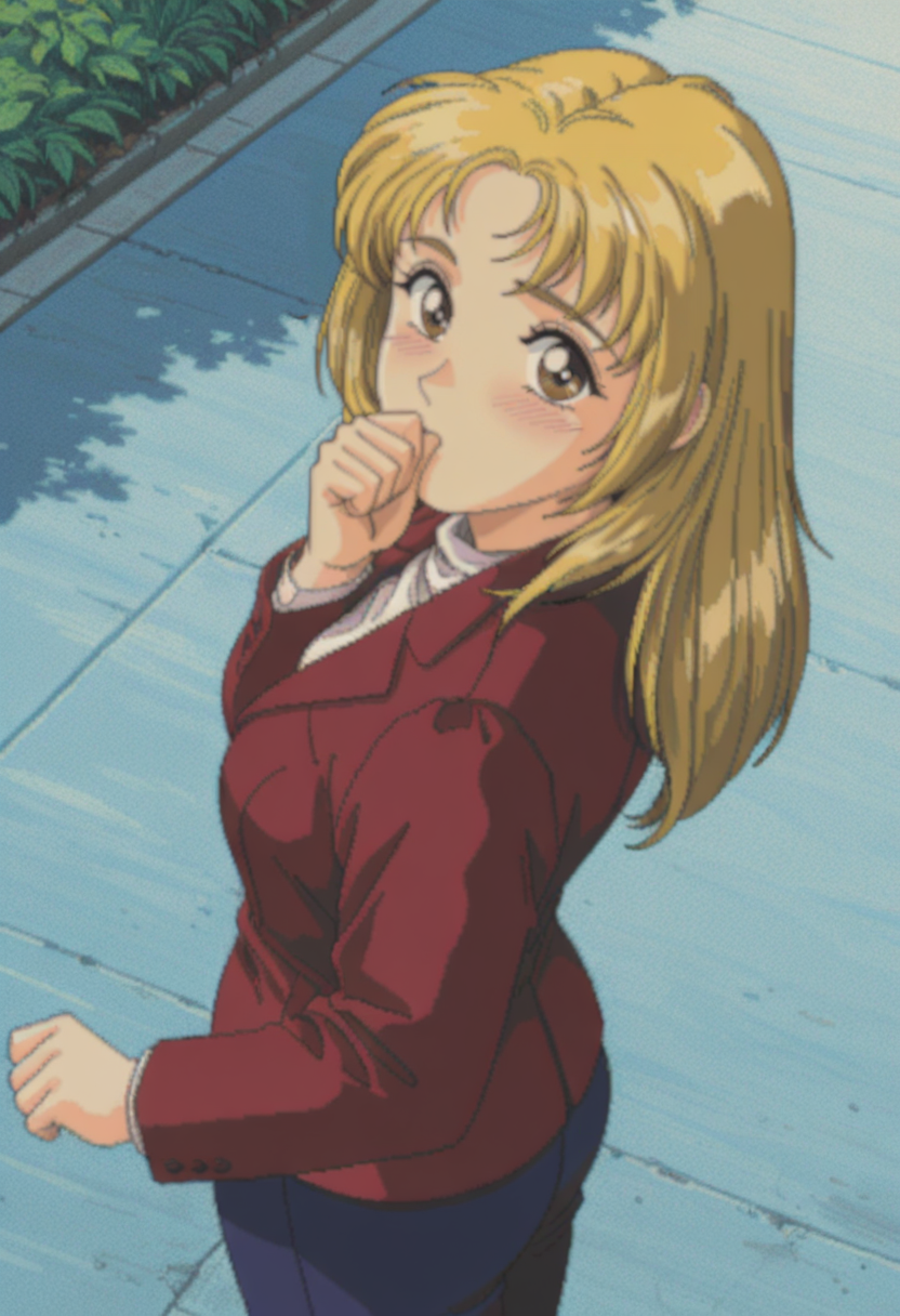 highres, best quality, masterpiece, outdoors,
1girl, solo, pixel art, 1990s \(style\), blonde hair, long hair, brown eyes,
jacket, red jacket, blue pants, white shirt, formal,
looking at viewer, blush, from above,
standing, hand to mouth, clenched hand, from side,
<lora:_miyuki_galspanic-elesico-ilxlA:1>