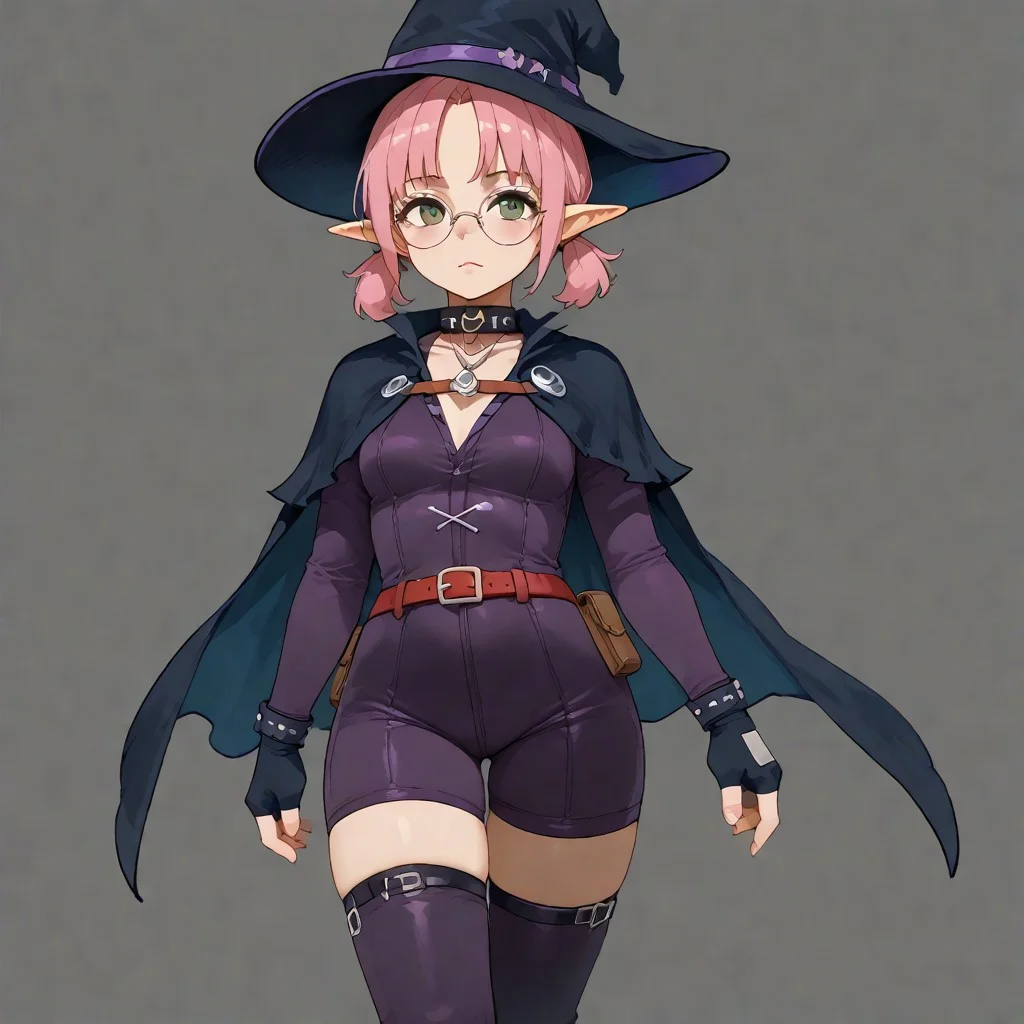 score_9, score_8_up, score_7_up, score_6_up, score_5_up, (simple background:1.8), Addie Lang, Full Body, 1girl, solo, ((pink hair), very short hair, short twin low ponytails, twin low ponytails), elf ears, round glasses, green eyes, young girl, slim build, exposed legs, light skin, mage outfit, purple witch hat, dark violet corset, ((bodysuit, fingerless gloves, purple accents in outfit)), purple low boots, leather mid-calf boots, feathered collar, belt with pouches, belt with buckles, witch hat, vest, red belt, purple boots, short boots, center opening, thigh strap, pouches, necklace, pendant, chest harness, tattered cape, cape with tattered edges