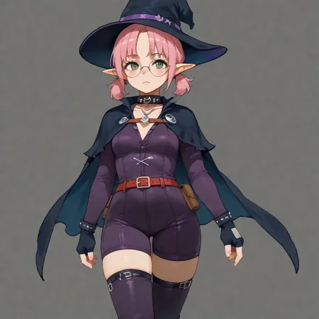 score_9, score_8_up, score_7_up, score_6_up, score_5_up, (simple background:1.8), Addie Lang, Full Body, 1girl, solo, ((pink hair), very short hair, short twin low ponytails, twin low ponytails), elf ears, round glasses, green eyes, young girl, slim build, exposed legs, light skin, mage outfit, purple witch hat, dark violet corset, ((bodysuit, fingerless gloves, purple accents in outfit)), purple low boots, leather mid-calf boots, feathered collar, belt with pouches, belt with buckles, witch hat, vest, red belt, purple boots, short boots, center opening, thigh strap, pouches, necklace, pendant, chest harness, tattered cape, cape with tattered edges