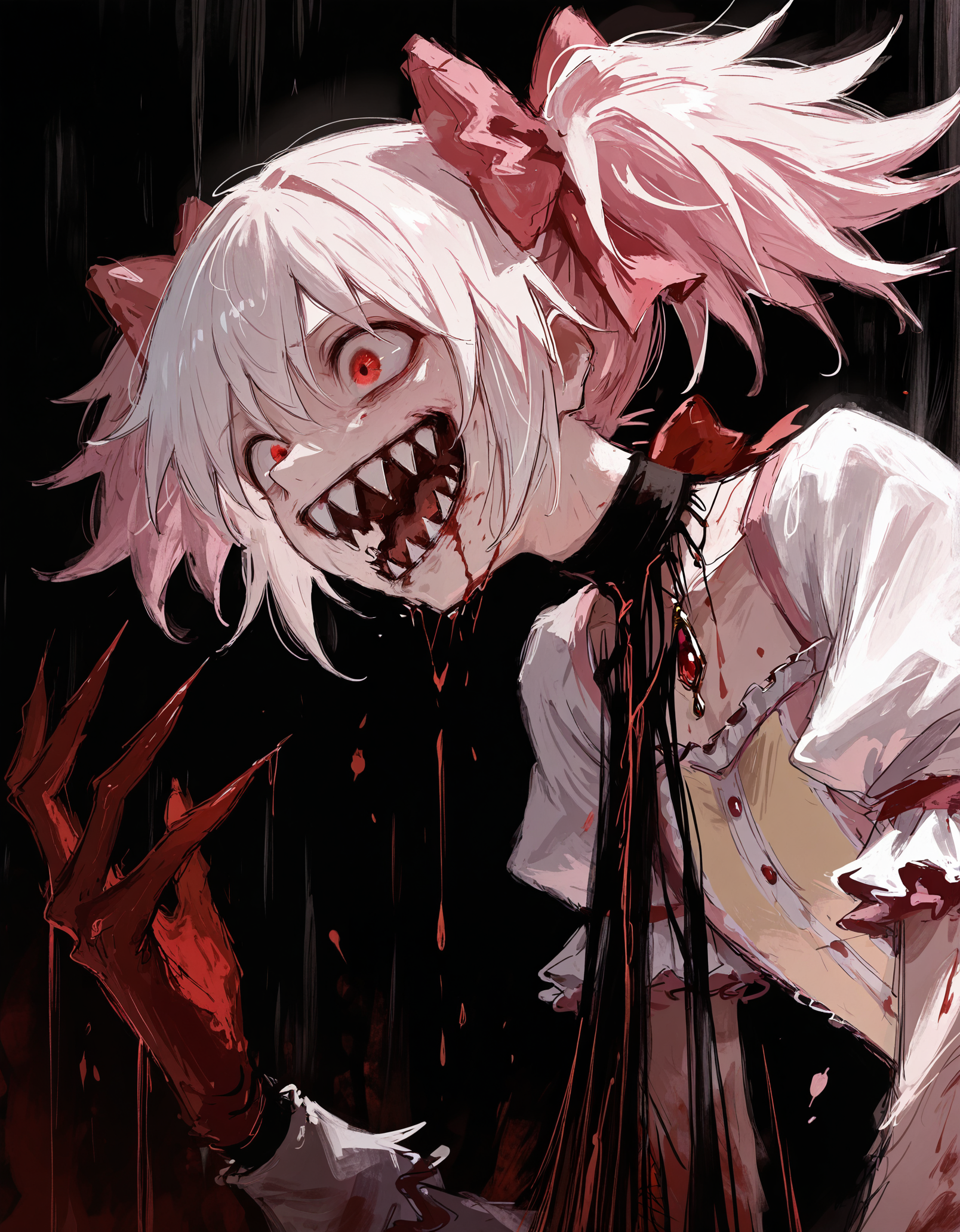 masterpiece,  best quality, newest, highres, absurdres,  <lora:fuyumur4s4ki_style:1>,fuyumur4s4ki_illu, kaname madoka, 1boy, solo, male focus, teeth, white hair, sharp teeth, blood, open mouth