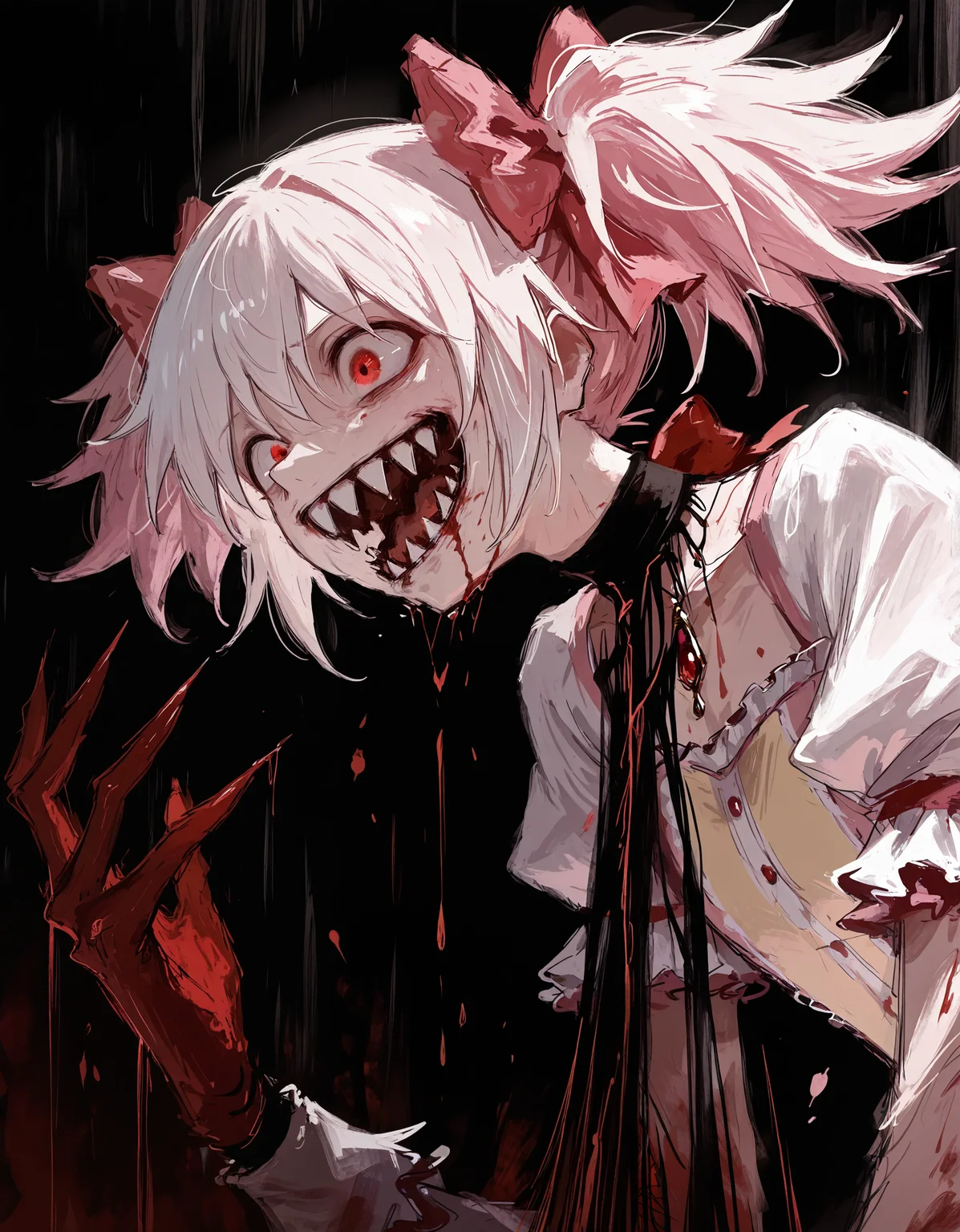 masterpiece, best quality, newest, highres, absurdres, <lora:fuyumur4s4ki_style:1>,fuyumur4s4ki_illu, kaname madoka, 1boy, solo, male focus, teeth, white hair, sharp teeth, blood, open mouth