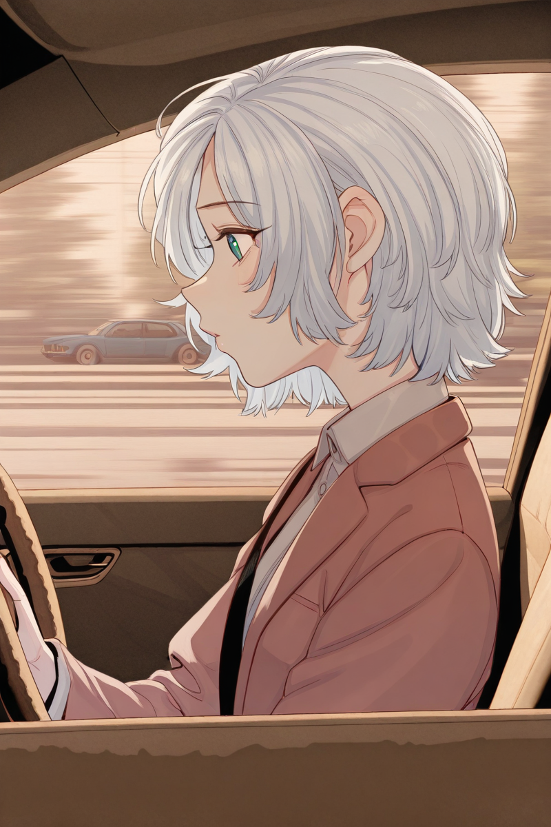 masterpiece, best quality, amazing quality,
 <lora:Girltrap_IL:1> strgrltrp, 1girl, car interior, solo, driving, jacket, short hair, shirt, car, green eyes, grey hair, ground vehicle, motor vehicle, collared shirt, white hair, from side, profile, steering wheel, shirosan
