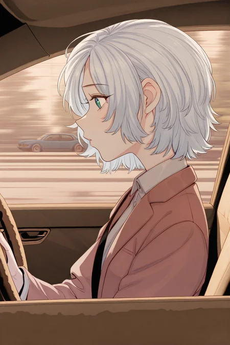 masterpiece, best quality, amazing quality,
<lora:Girltrap_IL:1> strgrltrp, 1girl, car interior, solo, driving, jacket, short hair, shirt, car, green eyes, grey hair, ground vehicle, motor vehicle, collared shirt, white hair, from side, profile, steering wheel, shirosan