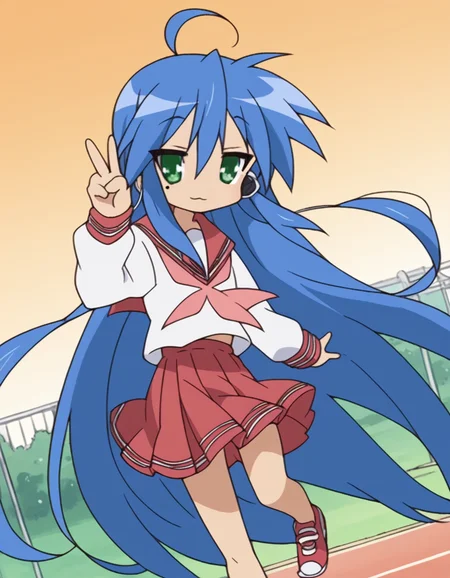 score_9, score_8_up, score_7_up, source_anime, <lora:konata-izumi-s1-ponyxl-lora-nochekaiser:1>, konata izumi, long hair, very long hair, green eyes, blue hair, ahoge, mole, mole under eye,, skirt, long sleeves, school uniform, pleated skirt, serafuku, sailor collar, neckerchief, red skirt, ryouou school uniform,, suburban neighborhood, morning jog, earphones, running shoes, fresh air, sunrise, , v,, looking at viewer, solo,, dutch angle, cowboy shot