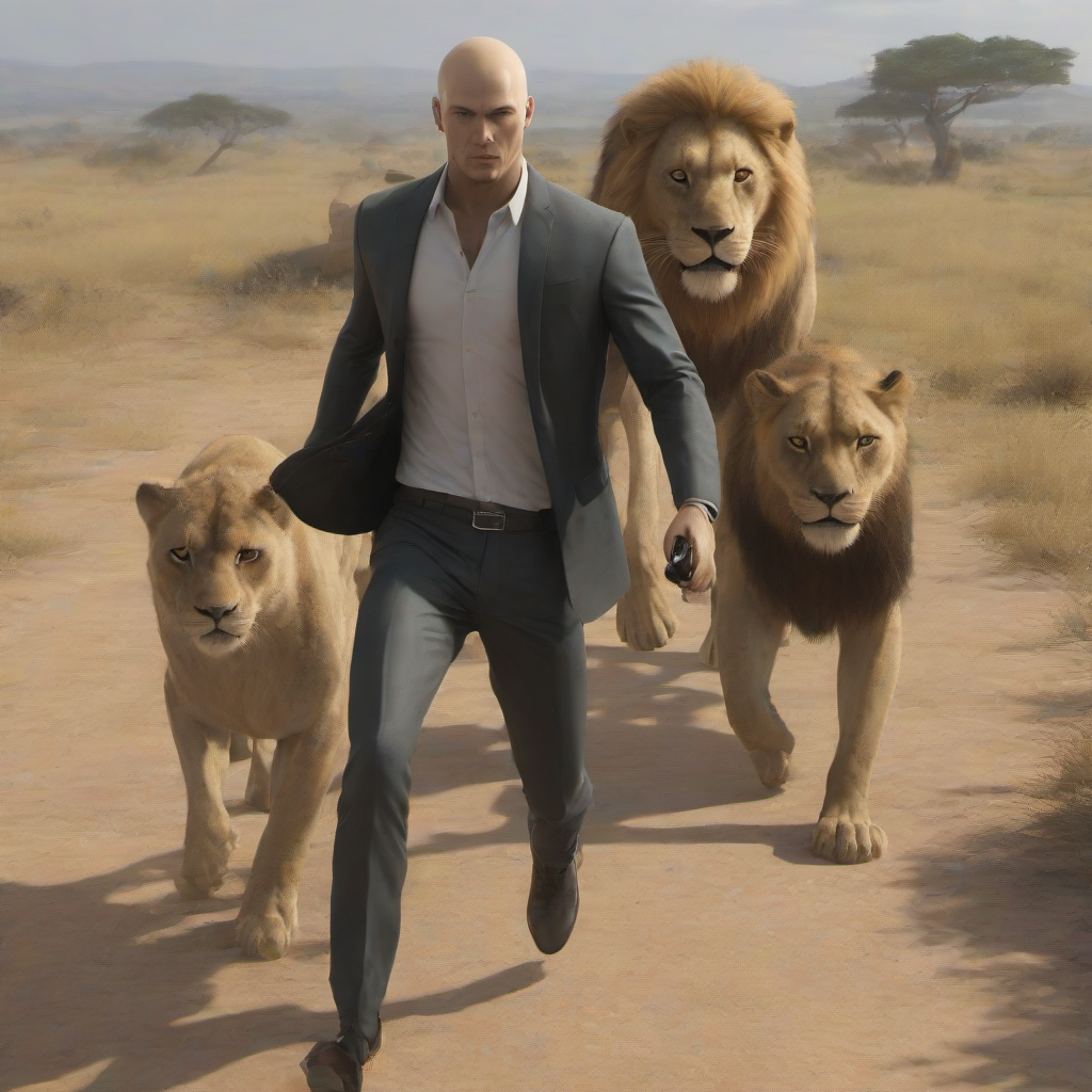 masterpiece,high quality,
 <lora:PE_Hitman47:0.8>  PEHitman,
taking a selfie,running away from lion