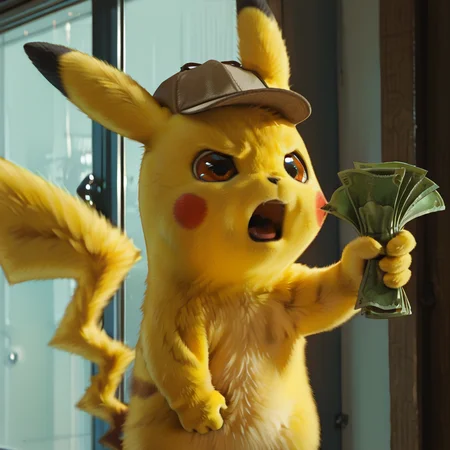 masterpiece,best quality,amazing quality,very aesthetic,absurdres,newest, highres,very awa, <lora:Det_pika_IL:0.8>, 1other, no humans, pokemon, pikachu, Detective Pikachu, pokemon \(creature\), deertracker hat,
<lora:Shut_up_and_take_my_money_Meme_concept:0.8>, sutm, hand up, open mouth, holding object, money, angry,