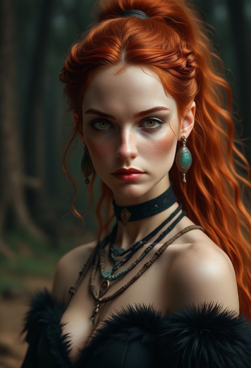 makeup, european, barbarian, fantasy, primitive, primitive clothes, auburn hair, wavy hair, lipstick, neoteny, soft jaw, small mouth, large eyes, wideset eyes, clothed, skinny, medium tits, mascara, eyeliner, eyeshadow, furs, armor, narrow face, portrait, 1girl, jewelry, solo, breasts, long hair, black hair, necklace, earrings, cleavage, brown eyes, choker, looking at viewer, lips, upper body, medium breasts, realistic, nose, pendant, ponytail, bare shoulders, closed mouth, bangs, depth of field, eyelashes