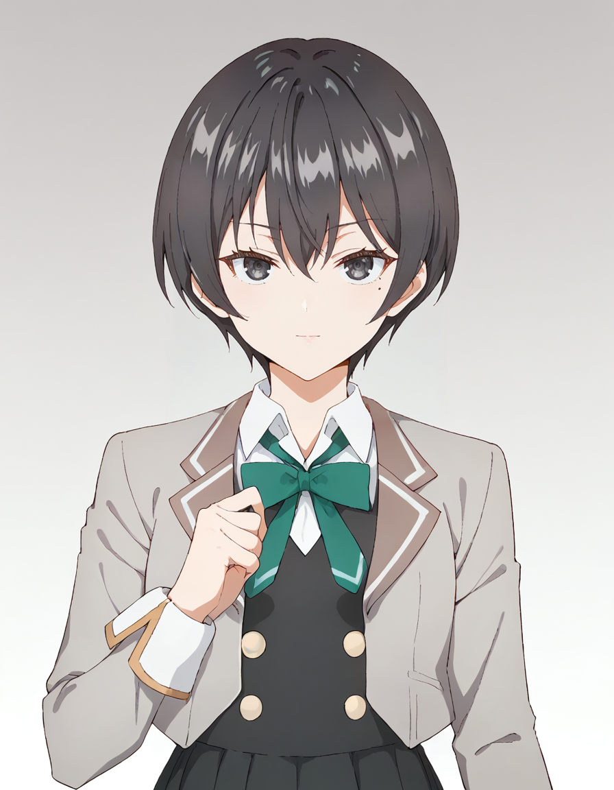 score_9, score_8_up, score_7_up, source_anime, BREAK
1girl, solo, looking at viewer, gradient background, cowboy shot,
chisaki sarashina, black hair, short hair, hair between eyes, black eyes, (mole under eye:0.7),
school uniform, grey jacket, open jacket, long sleeves, green bow, white shirt, collared shirt, black vest, buttons, black dress,
<lora:chisaki_sarashina_anime_v2-soralz:1>