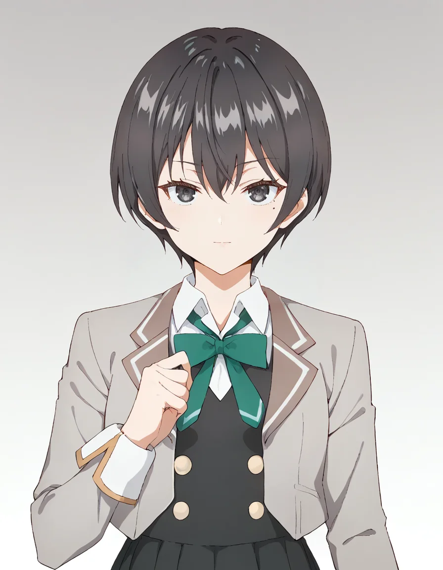score_9, score_8_up, score_7_up, source_anime, BREAK
1girl, solo, looking at viewer, gradient background, cowboy shot,
chisaki sarashina, black hair, short hair, hair between eyes, black eyes, (mole under eye:0.7),
school uniform, grey jacket, open jacket, long sleeves, green bow, white shirt, collared shirt, black vest, buttons, black dress,
<lora:chisaki_sarashina_anime_v2-soralz:1>
