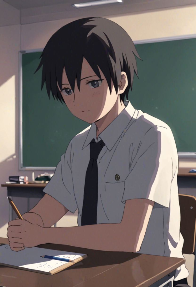 Highres, Masterpiece, High Quality, 4K, 8K, solo, 1Boy, Takaki Toono, adult, black hair, short hair, classroom, desk chairs, whiteboard, screen, sitting, school, school uniform, easynegative, detailed_eye_model