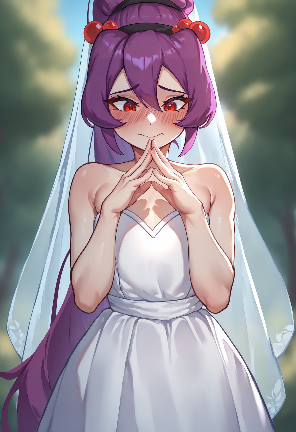 masterpiece, best quality, newest, absurdres, highres, solo, 1girl, <lora:NSSpiaiderMC:1> NSSpiaiderMC, purple hair, ponytail, very long hair, red eyes, hair between eyes, hair bobbles, hairband, fingers together, heavy blush, looking down, wedding dress, outdoors, cowboy shot, shy, looking at the viewer, bridal veil