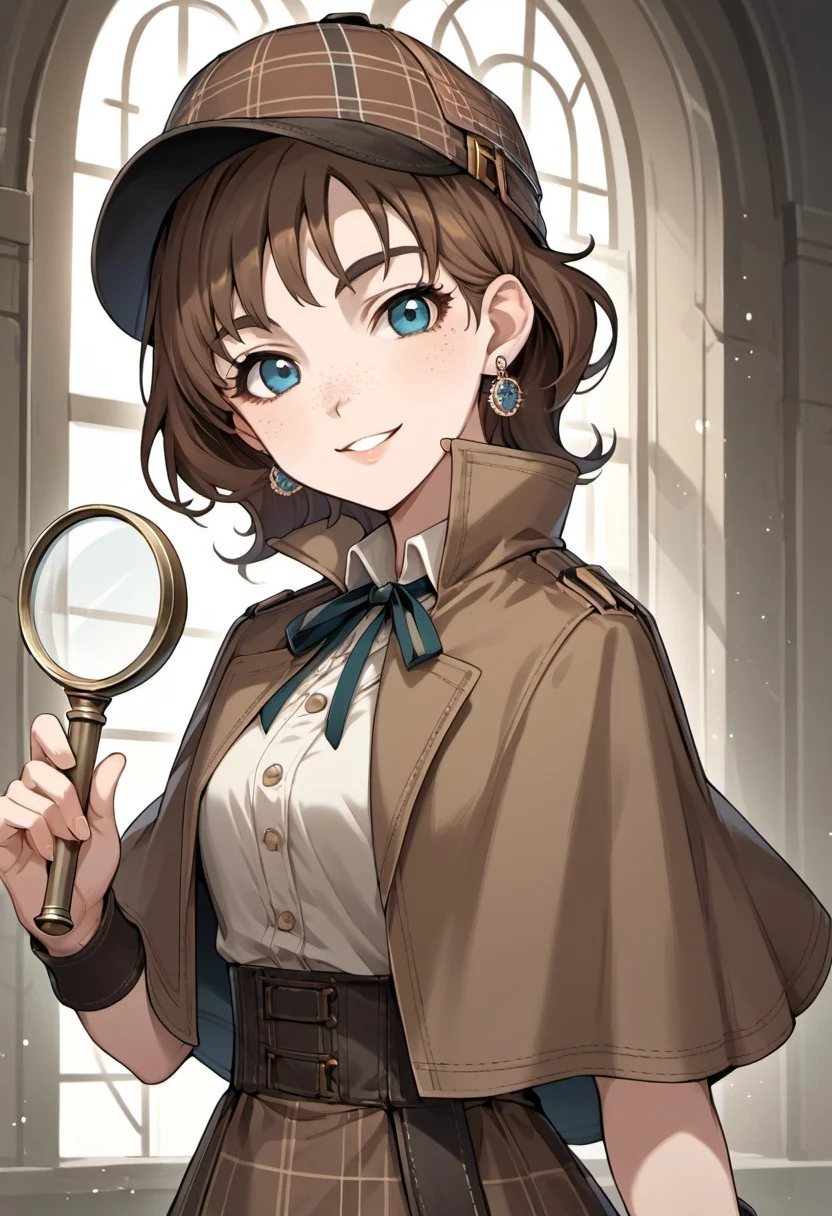 score_9, score_8_up, score_7_up, source_anime,kate, brown hair, blue eyes, short hair, 1girl, solo, freckles, magnifying glass, hat, deerstalker, earrings, jewelry, smile, detective, looking at viewer, capelet