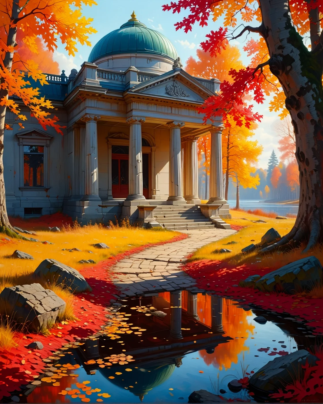 Surreal Landscape ,Creator Landscape,(style ofAkseli Gallen-Kallela (national romantic)),Autumn maple grove with crimson canopy,water vole burrow entrance,crumbling neoclassical temple,
<lora:extremely_detailed:0.8> extremely detailed,
<lora:add-detail-xl:0.3>,
<lora:dreamshaperXL10_lora:0.3>
detailxl,
advntr,