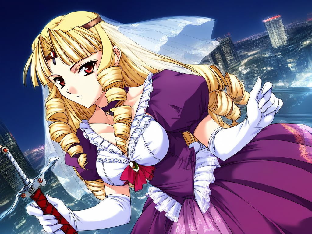 score_9, score_8_up, score_7_up, source_anime, rating_explicit, BREAK  <lora:Sapphire_Ver2.0_XL:1> Sapphire, blonde hair,  tiara, drill hair, long hair, red eyes, veil, choker, large breasts,
 1girl, solo, weapon, sword, dress, gloves, brown eyes, elbow gloves, purple dress, puffy sleeves, looking at viewer
night, city, cyber puncture,
looking at viewer, 
cowboy_Shot,