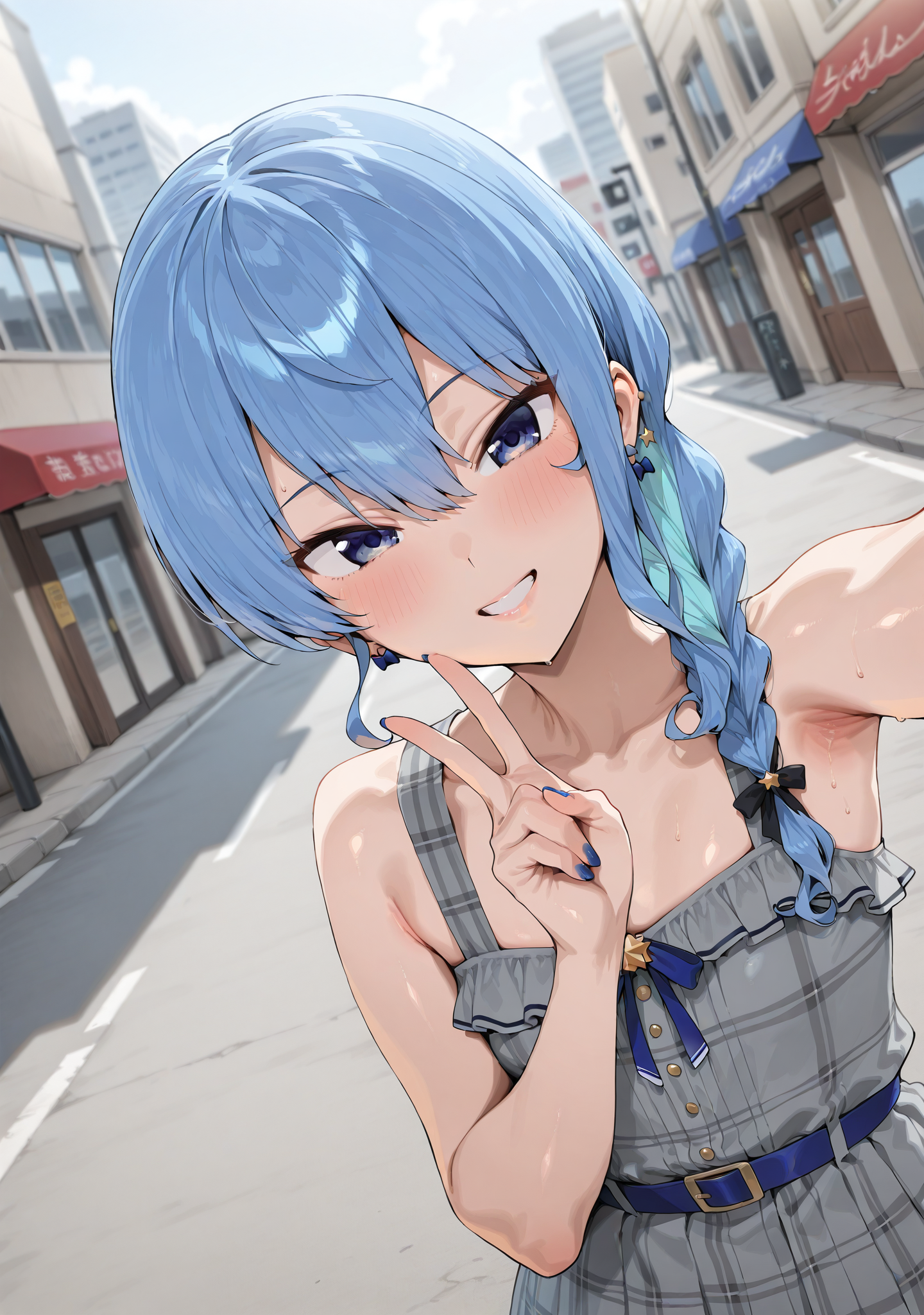 mnmbcstyle,<lora:mnmbcstyleV1X210:1>,
1girl,looking at viewer,smile,hoshimachi suisei,V,selfie,street,dutch angle,