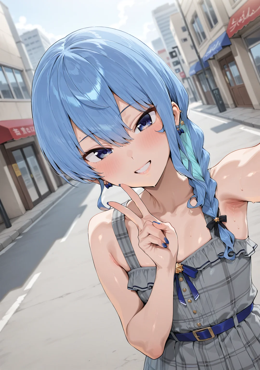 mnmbcstyle,<lora:mnmbcstyleV1X210:1>,
1girl,looking at viewer,smile,hoshimachi suisei,V,selfie,street,dutch angle,