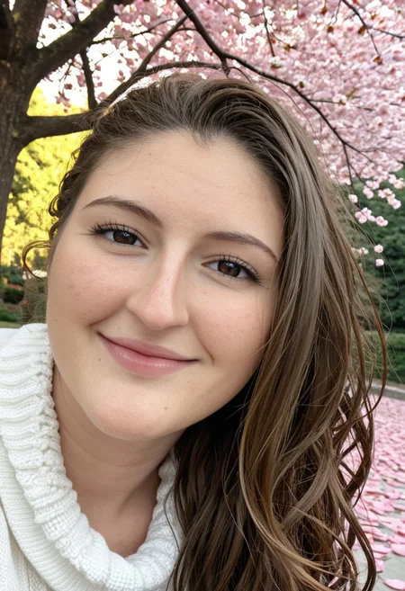 Expressiveh, score_9, score_8_up, score_7_up, <lora:MyRosita:2>, springtime selfie, soft golden sunlight, blooming cherry blossoms in the background, peaceful park setting, fresh woman, exaggerated curvaceous physique, large-than-life natural breasts, slender waist, skin indentation, stretch marks, natural skin texture, highly detailed skin, volumetric lighting, long legs, lean physique, long curly dark brown hair, front pony haircut, ponytail hair., wearing a light beige sweater, close-up composition, gentle and authentic smile, warm expression, faint crow’s feet near eyes, soft shadows across face, relaxed posture, casual and personal mood, vibrant greenery and pink petals framing the scene, smartphone photo feel, candid and spontaneous energy