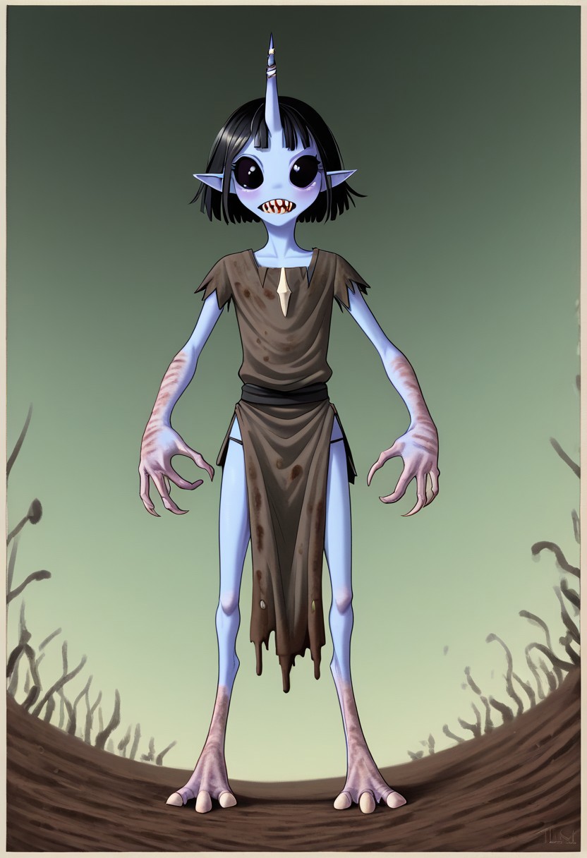 ((Alien humanoid)),
((Alien species)), solo, androgynous, aquatic features 
blue skin, ((webbed hands, skin between fingers)),
((No nose)):1.3, ((nostrils only, nostril slits, vertical nasal slits, narrow nostrils)):1.5, ((narrow eyes)), ((black sclera, black irises)), smooth skin,  pointy ears, small ears, tiny ears, holes in skin, forehead horn, short horn, veiny horn, ((single horn)):1.0, ((4 fingers)), fingernails, thin lips, ((black hair)), ((short hair, spiky hair)), sharp teeth, ((digitigrade legs)), bent legs,
full body shot
ragged clothes, muddy clothes, loincloth, tunic, dirty
Medieval style, fantasy style,
((Variety)):1.2
((dutch angle, 3/4 view))
river background
fully clothed, loose clothing, clean lines, smooth colors, detailed fingers, sfw, source: semi-realistic, rating: pg, score: 8 up, score: 9
