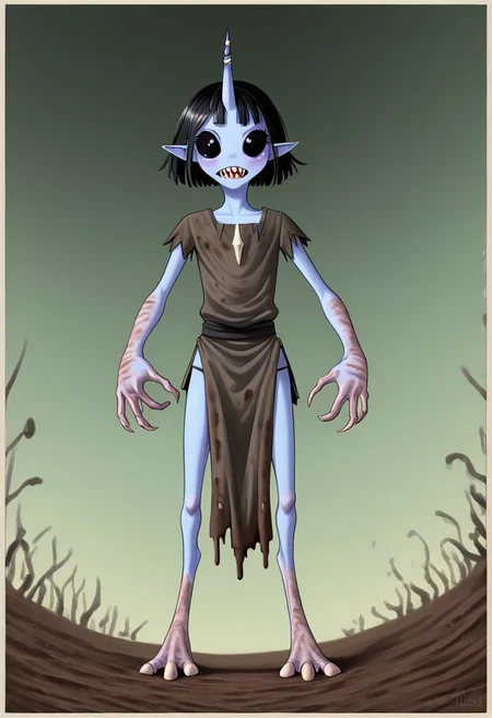 ((Alien humanoid)),
((Alien species)), solo, androgynous, aquatic features 
blue skin, ((webbed hands, skin between fingers)),
((No nose)):1.3, ((nostrils only, nostril slits, vertical nasal slits, narrow nostrils)):1.5, ((narrow eyes)), ((black sclera, black irises)), smooth skin,  pointy ears, small ears, tiny ears, holes in skin, forehead horn, short horn, veiny horn, ((single horn)):1.0, ((4 fingers)), fingernails, thin lips, ((black hair)), ((short hair, spiky hair)), sharp teeth, ((digitigrade legs)), bent legs,
full body shot
ragged clothes, muddy clothes, loincloth, tunic, dirty
Medieval style, fantasy style,
((Variety)):1.2
((dutch angle, 3/4 view))
river background
fully clothed, loose clothing, clean lines, smooth colors, detailed fingers, sfw, source: semi-realistic, rating: pg, score: 8 up, score: 9