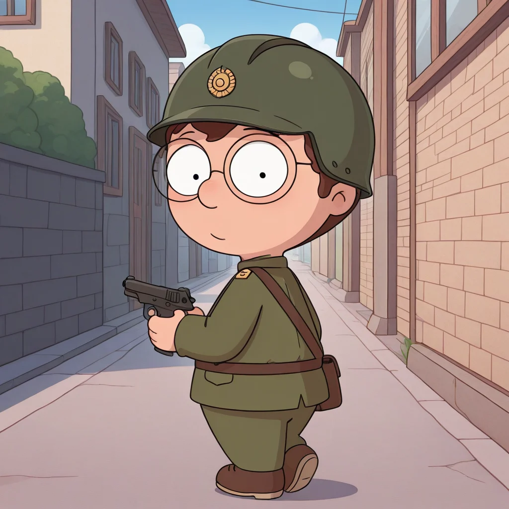 toon \(style\), break (masterpiece, colorful, detailed background, absurdres, amazing quality, best quality), <lora:mrfrond-v5:0.75> bb-mfbb, 1boy, baby, toddler, toddlercon, glasses, solo, walking, looking back, clenched hands, military uniform, holding gun_ton, helmet, outdoors