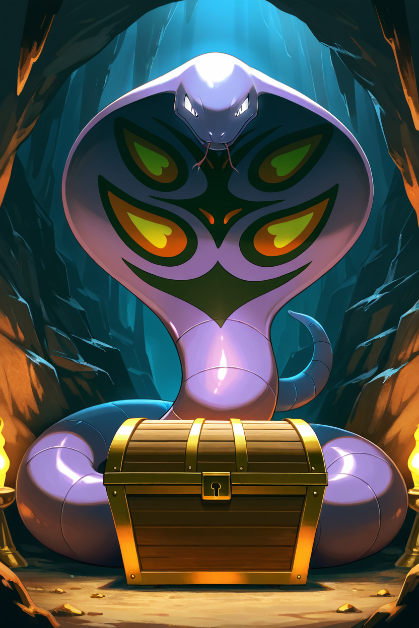 masterpiece, best quality,   Arbok, no humans, pokemon (creature), snake,  <lora:ArbokPokedexIXL:1.0>,   guarding a treasure chest, coiled defensively, glowing eyes, cave background, mysterious and eerie atmosphere, detailed and vibrant, cinematic lighting