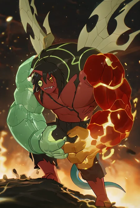 <lora:kev11-06:1> kevin11, solo, male focus, yellow eyes, black hair, red skin, horn, sharp teeth, lime wings, blue tail, 4arms, top hands left green arm, top hands right magma red arm with yellow cracks, bottom hands orange arms, 2 orange arms, big arms, multiple arms, dynamic pose, <lora:WSSKX_WAI:1>, masterpiece, best quality, amazing quality, very aesthetic, absurdres, newest,