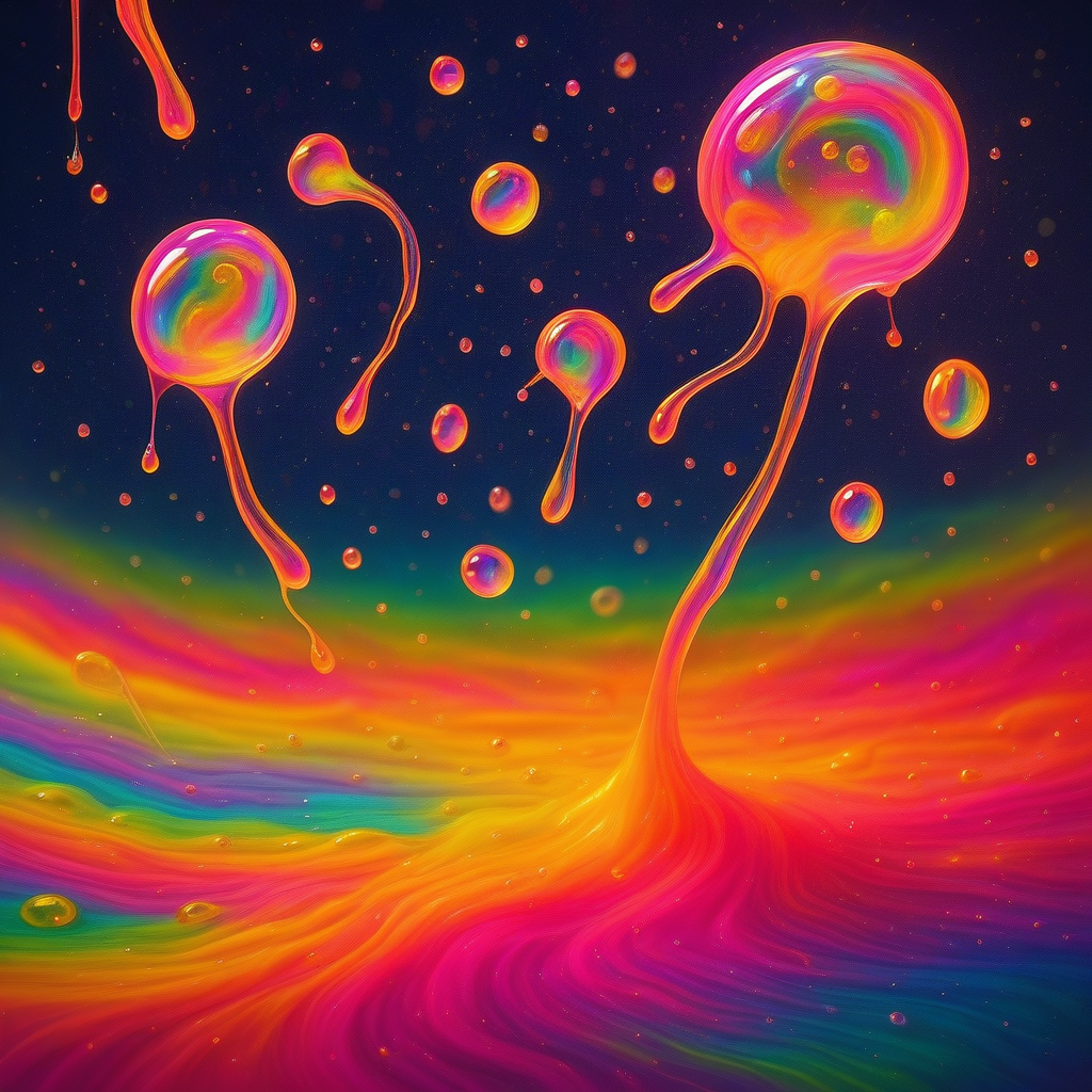 superrainbowslime, suprainbslim, supercolorslime, a surreal storm of rainbow-colored slime rain pouring from the sky in thick, sticky droplets, no clouds or normal weather elements, only glowing multicolored goo falling in heavy sheets, photorealistic textures on every drop with glossy, semi-transparent surfaces reflecting psychedelic gradients of pink, lime, cyan, orange and violet, large droplets caught mid-air with motion blur, trails of sticky goo streaking downward, bouncing bubbles and slime splashes exploding across the ground, wet reflective surface with fluid ripples forming in vibrant puddles, the sky above made of swirling rainbow mist with glowing vapor currents, no natural light, only ambient glow and directional color lighting, soft volumetric beams piercing through the falling slime, cinematic composition with dynamic motion, chaotic and energetic atmosphere, shimmering particles and dripping trails suspended in space, immersive stormscape of liquid color and pure surrealism, dreamlike and dripping with vibrant energy