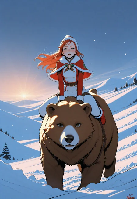 artist;incase, flat colors, high detailed, high quality, masterpiece, 1 girl, riding a bear, heroic fantasy, snow field,
animal christmas, dynamic lighting,