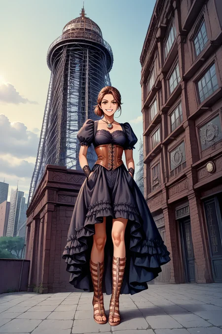 score_9, score_8_up, score_8, score_7_up, source_anime,
1girl, katou megumi, Megumi <lora:KatoMegumi:1>,brown hair,katou megumi,brown eyes, medium breasts , short hair, ponytail ,masterpiece, best quality, steampunk theme, victorian cityscape background, wearing a detailed steampunk dress with brass and leather accents, intricate corset, puffed sleeves, lace gloves, goggles resting on her head, holding a small pocket watch, standing near a steam-powered contraption, gears and pipes in the foreground, warm sepia tones, soft sunlight breaking through clouds, gentle smile, elegant pose, side-angle perspective, detailed textures, cinematic atmosphere, intricate mechanical elements, Gladiator Sandals