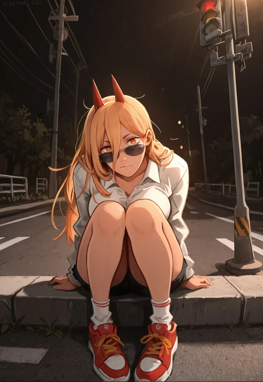 khle2, power_(chainsaw_man), 1girl, artist_name, blonde_hair, collared_shirt, cross-shaped_pupils, demon_girl, demon_horns, horns, long_hair, looking_at_viewer, power_lines, red_horns, red_shoes, shirt, shoes, sitting, socks, solo, sunglasses, symbol-shaped_pupils, traffic_light, white_shirt, white_socks, masterpiece, masterfully drawn, amazing quality, best quality, incredibly absurdres, elegantly detailed, very aesthetic, illustration, sharp-lines, crisp-image, latest