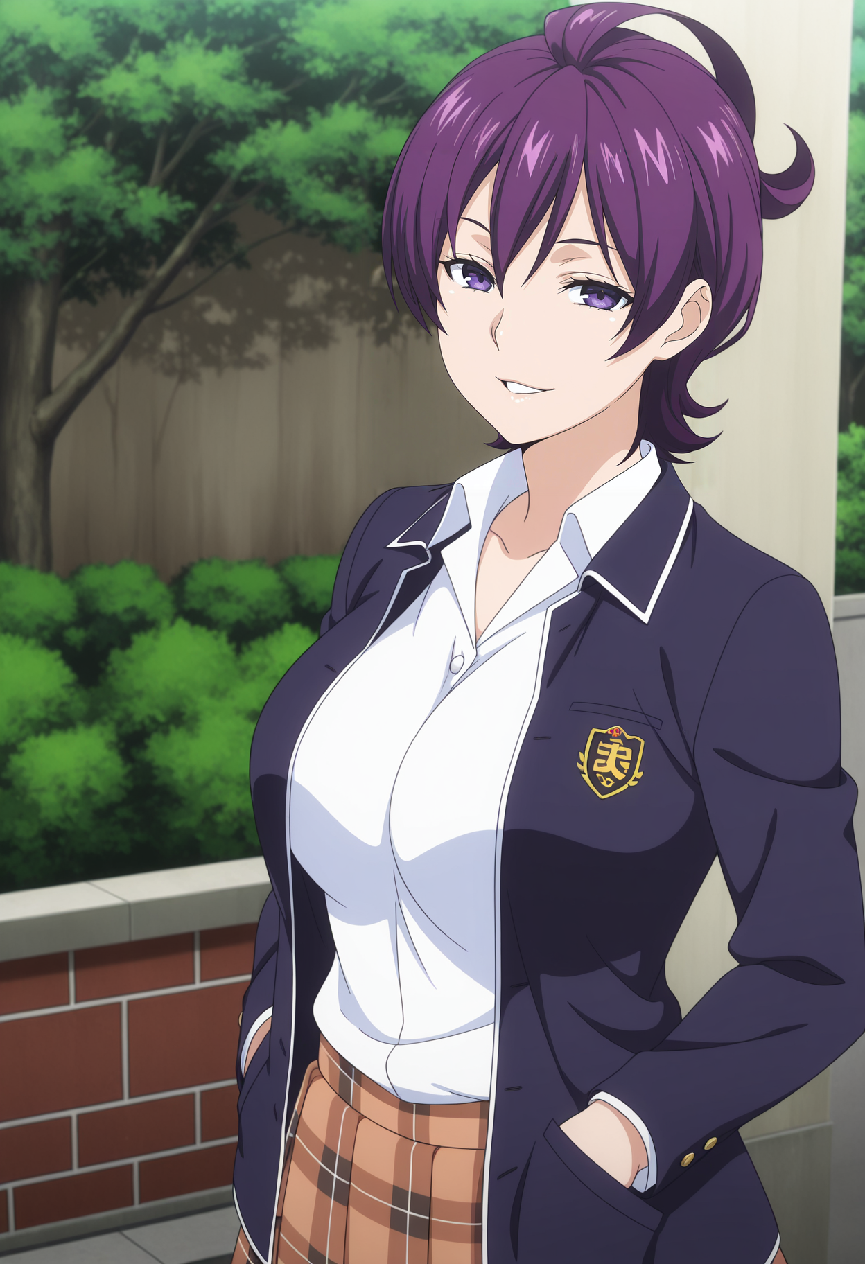 1girl,solo,mm,mature female,short hair,purple hair,purple eyes,large breasts,anime coloring,
school unifor,jacket,plaid skirt,shirt,hands in pockets, looking at viewer, smile,parted lips, outdoors
,masterpiece,best quality,amazing quality,<lora:Miyoko_Houjou-Shokugeki_no_Souma:0.8>