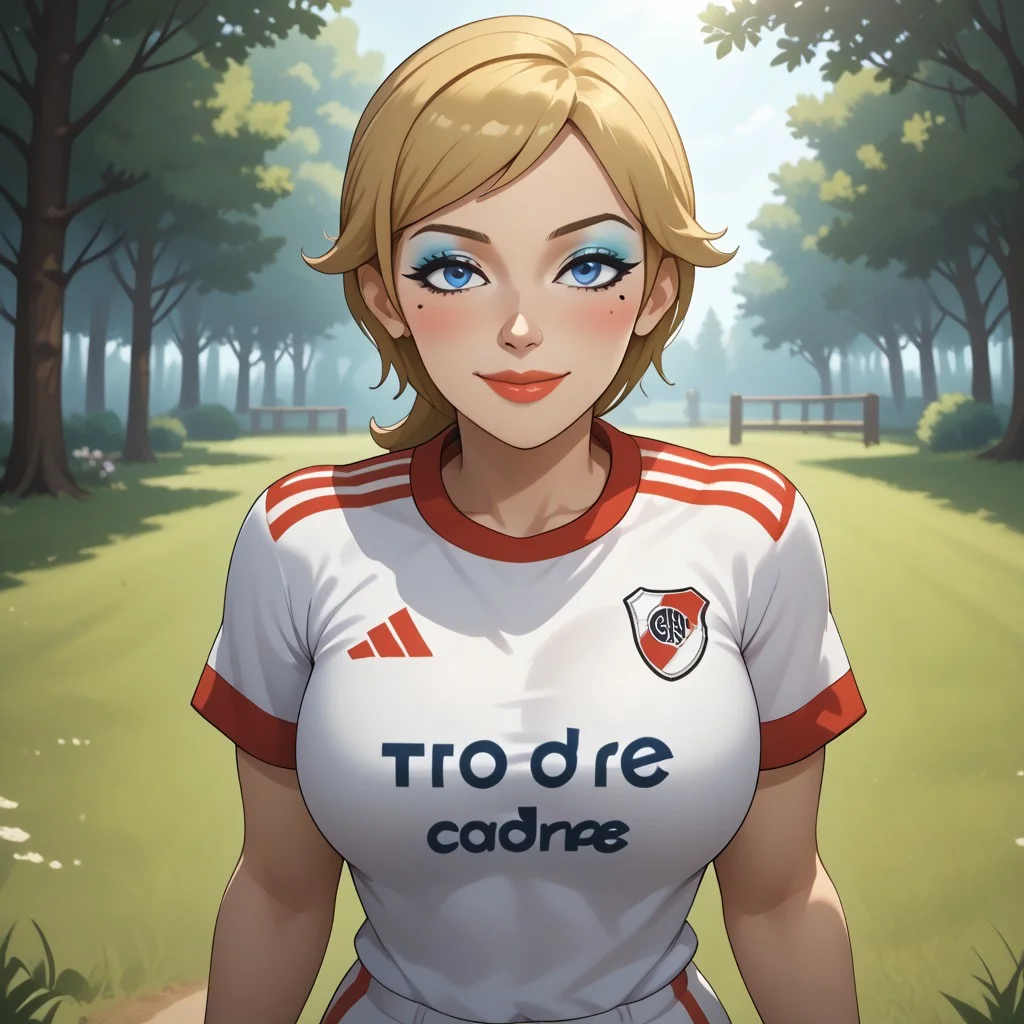 score_9, score_8, BREAK, solo, mii, wii, wii sports resort, 1girl, female mii, attractive, blonde hair, white skin, makeup, blush, blue eyeshadow, blue eyes, small nose, mole under eye, lips, RiverPlate, striped shirt, striped, shirt, white shirt, short sleeves, clothes writing, sportswear, soccer uniform, shoes, big breasts, white pants, Alisha_(\Wii_Sports_Resort\), Nintendo Mii, modern_mii, classic_mii, cute, sexy pose, self portrait, smile, outdoors, sunlight, shadows, evening lighting, natural lighting, forest, trees, grass, orange sky, sunset