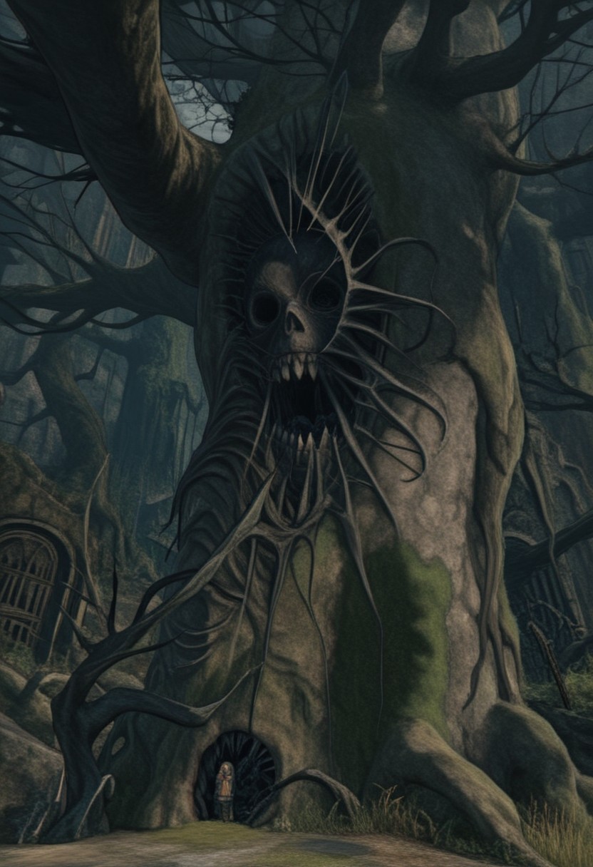 AMAZING QUALITY, MASTERPIECE, W1CK3D, SCENERY, CORRUPTED TREE, DECAY, FACE ON TREE, NIGHTMARE, HORROR THEME, MOSS, OVERGROWN