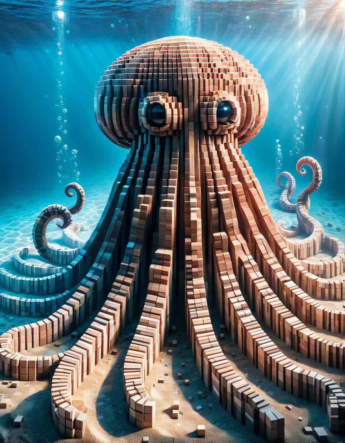 An ais-wdnblcks giant octopus, sunlight filtering down amidst swirling bubbles under the water <lora:ais-wdnblcks-sdxl:1>