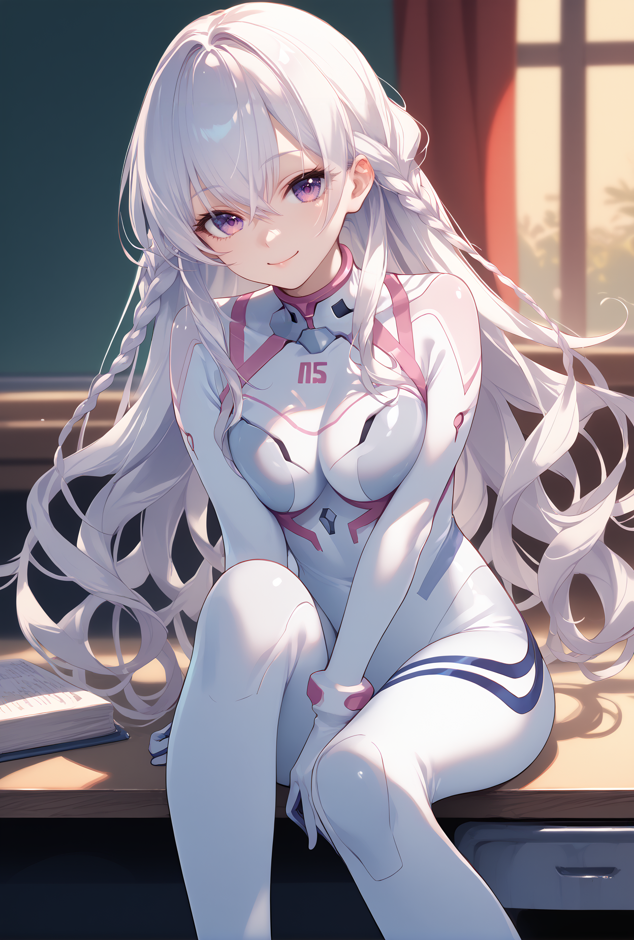 score_9, score_8_up, score_7_up, score_6_up, score_5_up, score_4_up,anime source,
  Mai(Ensemble), purple eyes, braid, long hair, white hair, hair between eyes,smile,
Evasuit08, white bodysuit, multicolored bodysuit,
sitting on desk, knee up,hugging own leg, <lora:MaiXLPony:1>,<lora:Eva08XLPony:1>
