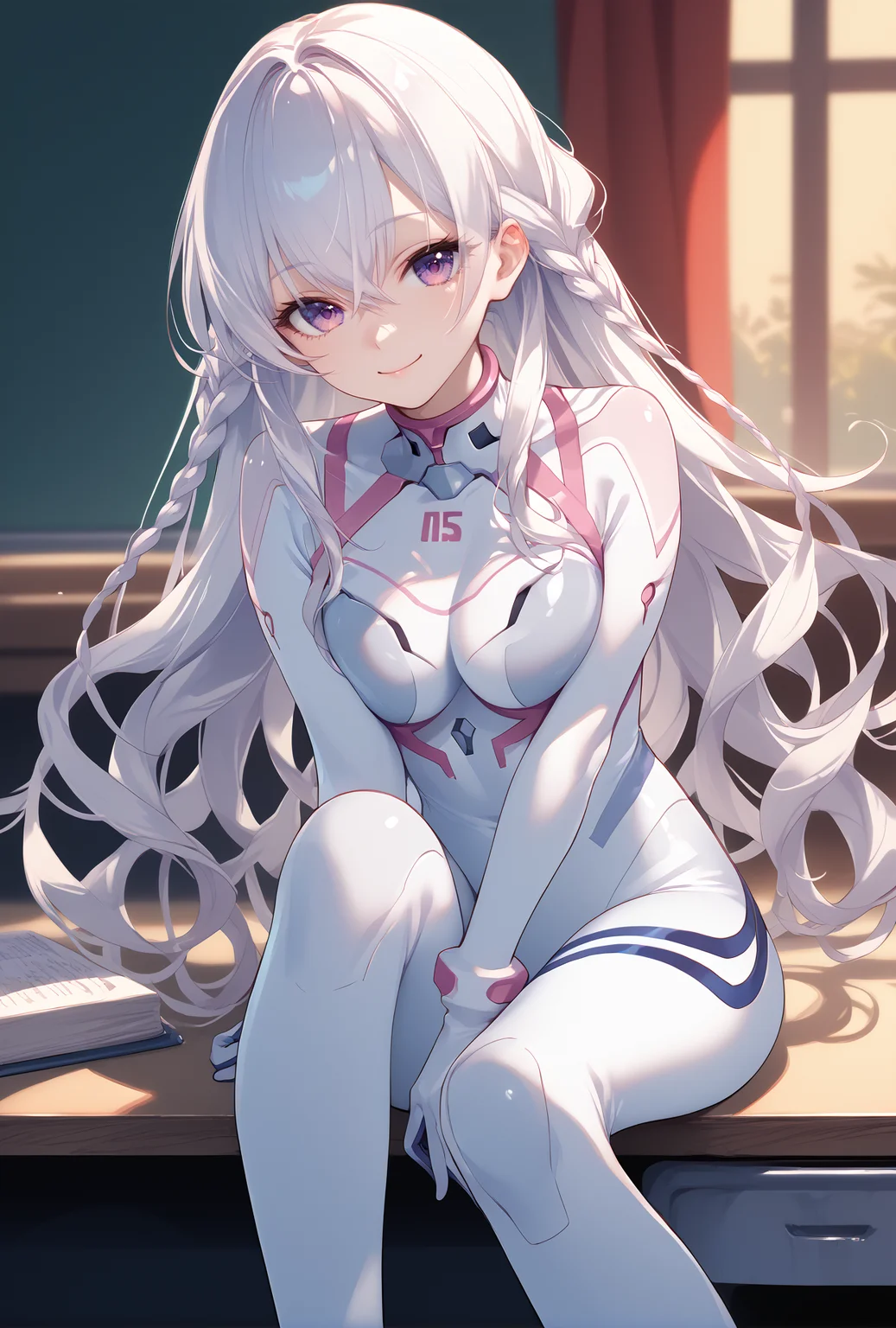 score_9, score_8_up, score_7_up, score_6_up, score_5_up, score_4_up,anime source,
Mai(Ensemble), purple eyes, braid, long hair, white hair, hair between eyes,smile,
Evasuit08, white bodysuit, multicolored bodysuit,
sitting on desk, knee up,hugging own leg, <lora:MaiXLPony:1>,<lora:Eva08XLPony:1>