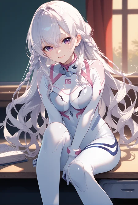 score_9, score_8_up, score_7_up, score_6_up, score_5_up, score_4_up,anime source,
Mai(Ensemble), purple eyes, braid, long hair, white hair, hair between eyes,smile,
Evasuit08, white bodysuit, multicolored bodysuit,
sitting on desk, knee up,hugging own leg, <lora:MaiXLPony:1>,<lora:Eva08XLPony:1>