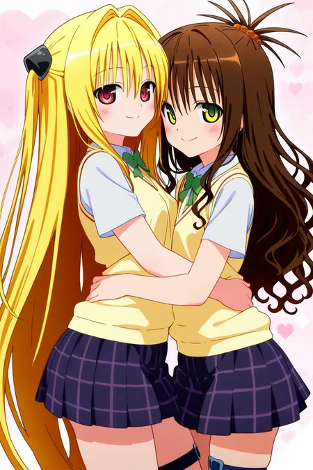 masterpiece, best quality,   <lora:ToLoveRuStyleIXL_v1:1.0>,    2girls, hug, happy, blush, smile, konjiki no yami, red eyes, long hair, blonde hair, two side up, hair between eyes, hair intakes, very long hair, (yuuki mikan, yellow eyes, long hair, brown hair, ), skirt, school uniform, pleated skirt, thigh strap, sweater vest, bangs, shirt, hair ornament, bow, white shirt, short sleeves, collared shirt, miniskirt, looking at viewer, cowboy shot, heart background