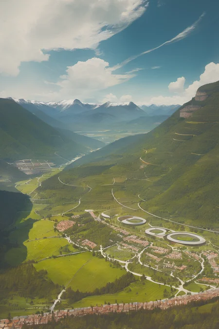 masterpiece,best quality,<lora:tbh304-:0.8>,illustration,designed by Norman Foster Sustainable eco-village with green roofs and solar panels, nestled in a mountain valley