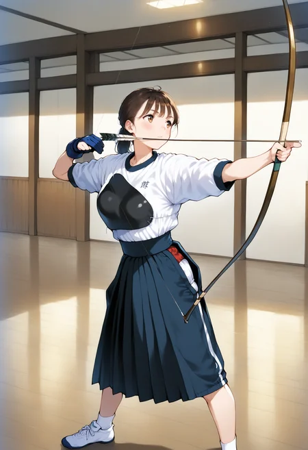 masterpiece,best quality,1girl,full_body,standing,open_stance,indoors,dojo,medium breasts,looking to the side BREAK
kyudo-aiming,holding bow \(weapon\),drawing bow,bow_string,arrow \(projectile\),aiming,partially fingerless gloves,yugake,closed mouth,gym uniform,pleated skirt,socks,muneate,<lora:kyudo-aiming-NAIePred:1>,