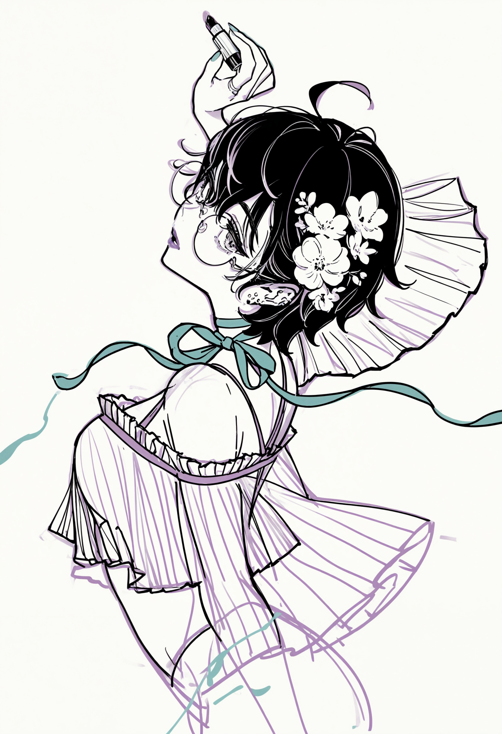 1girl, glasses, solo, flower, hair flower, short hair, lipstick tube, hair ornament, cosmetics, monochrome, round eyewear, ribbon, simple background, sketch, earrings, holding lipstick tube, white background, choker, arm up, lipstick, holding, bare shoulders, makeup, looking at viewer, parted lips, spot color, midriff, ahoge, crop top, ribbon choker, jewelry, BREAK,highres,absurdres,masterpiece,newest,best quality,Visual impact,very awa,very aesthetic,amazing quality