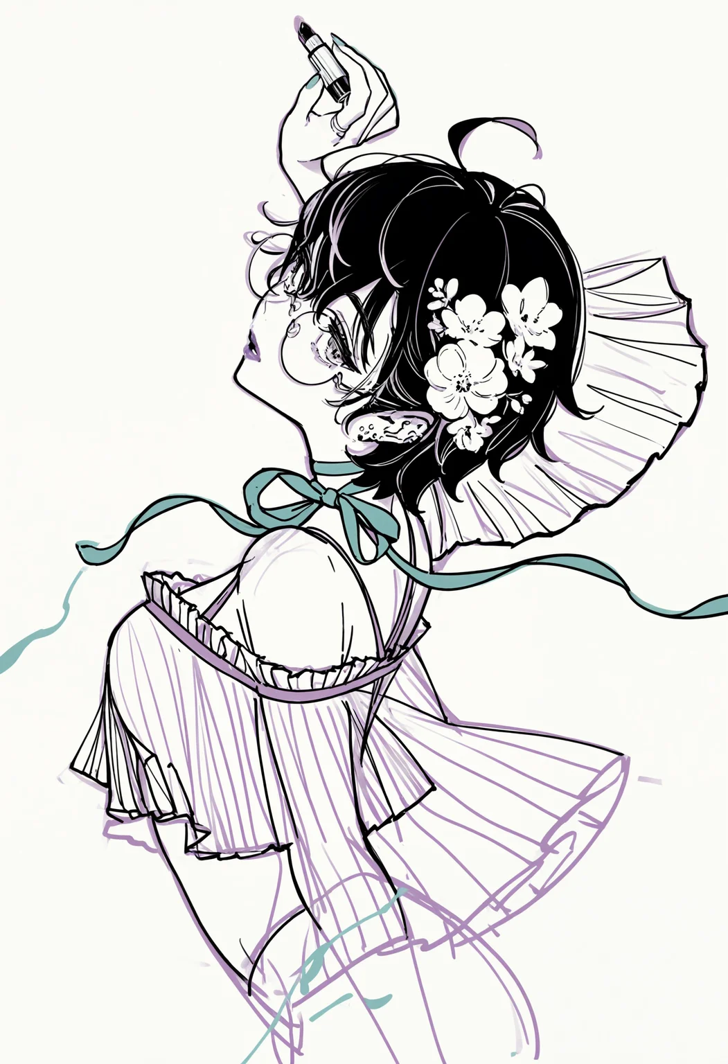 1girl, glasses, solo, flower, hair flower, short hair, lipstick tube, hair ornament, cosmetics, monochrome, round eyewear, ribbon, simple background, sketch, earrings, holding lipstick tube, white background, choker, arm up, lipstick, holding, bare shoulders, makeup, looking at viewer, parted lips, spot color, midriff, ahoge, crop top, ribbon choker, jewelry, BREAK,highres,absurdres,masterpiece,newest,best quality,Visual impact,very awa,very aesthetic,amazing quality